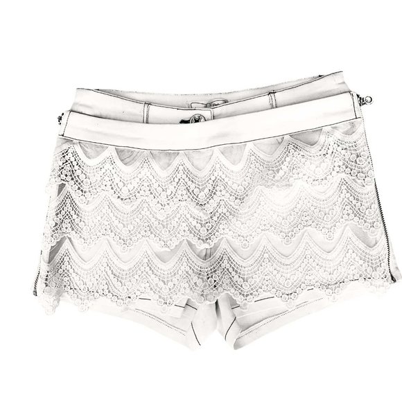 90s Off White Denim Skort Skirt Short Side Zippers Crochet Lace Trim Pockets M - Picture 5 of 8